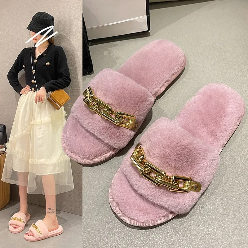 Winter Plush Slippers Women Fashion Open Toe Solid Color Women's Slides Metal Chain Indoor Casual Floor Warm Slippers Home Shoes