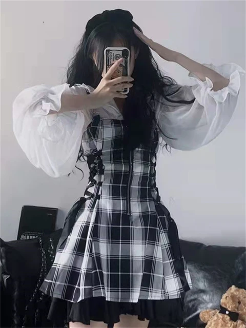 Aesthetic Plaid Pleated Mini Lolita Dress Women E Girl Harajuku