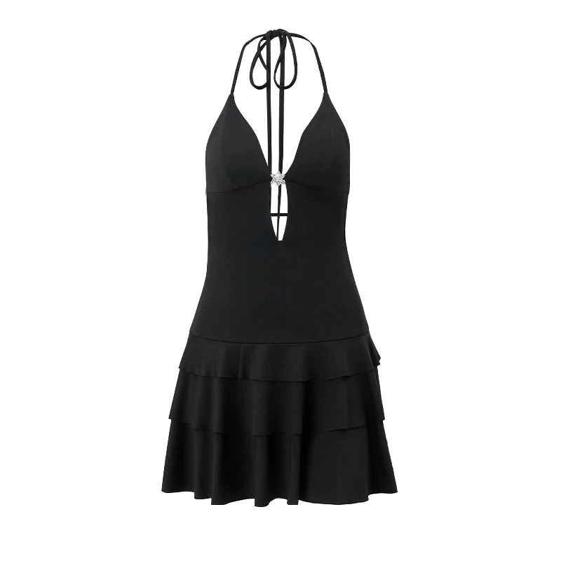 Halter Neck Dress y2k Clothes Women Black Sleeveless Backless Layered Ruffled Hem A-line Shorts Cake Dress Clubwear
