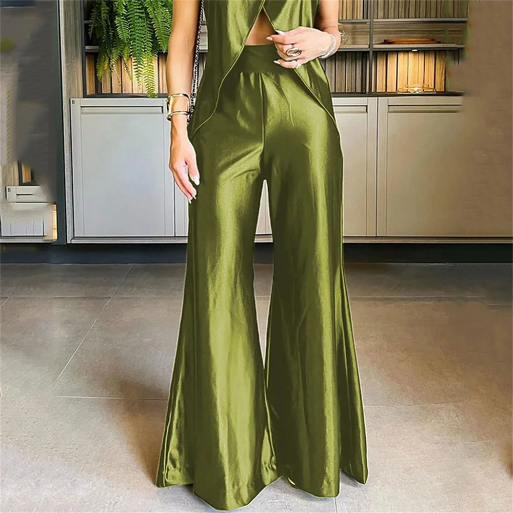 Women Satin Top Pants Two Piece Set Summer Fashion Black