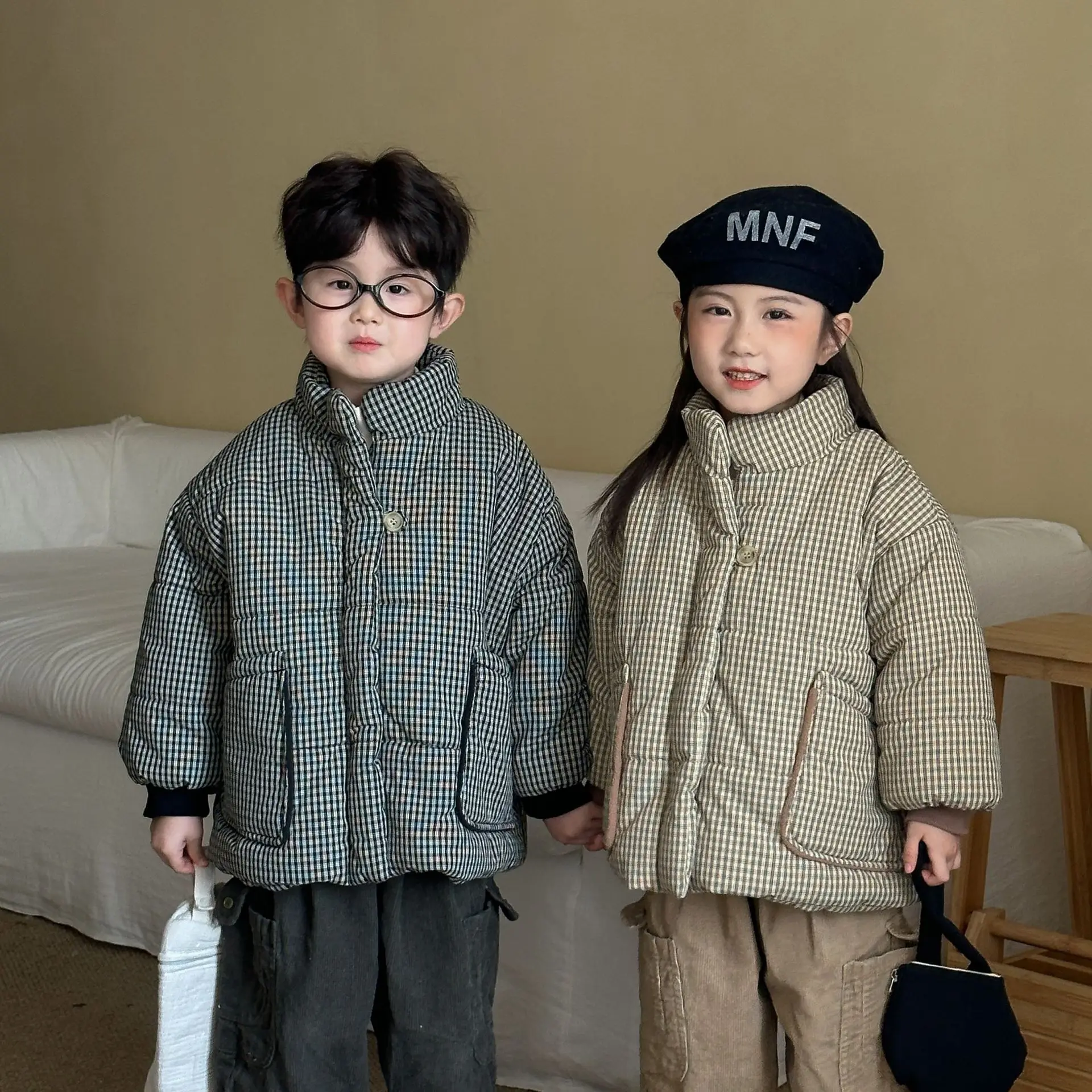 شتاء جديد الأطفال الصوف منقوشة معطف موضة الأولاد سترة دافئة زائد المخملية سميكة الفتيات القطن وسادة مبطنة ملابس الاطفال