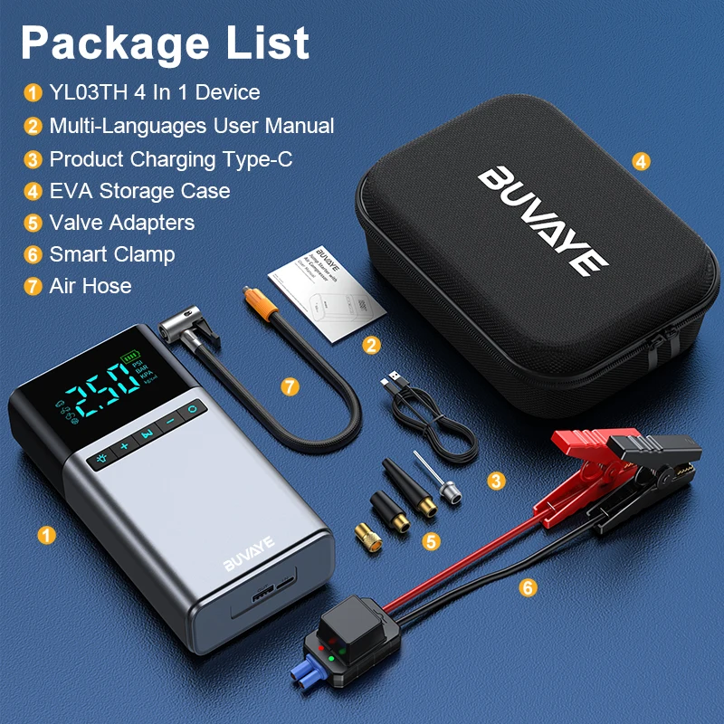 BUVAYE �ڵ��� ���� ��Ÿ��, 1500A ���� �����, 12000mAh �������͸� �޴�� ���͸� �ν���, Ÿ�̾� ��â��, LED ���� EVA ����