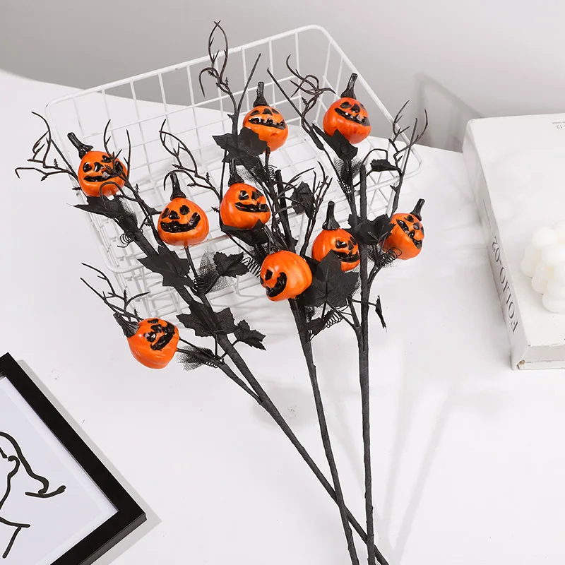 1/3/5Pcs Halloween Branches Artificial Pumpkin Maple Leaf Stem Flowers Halloween Party Decoration For Home DIY Vase Photo Props