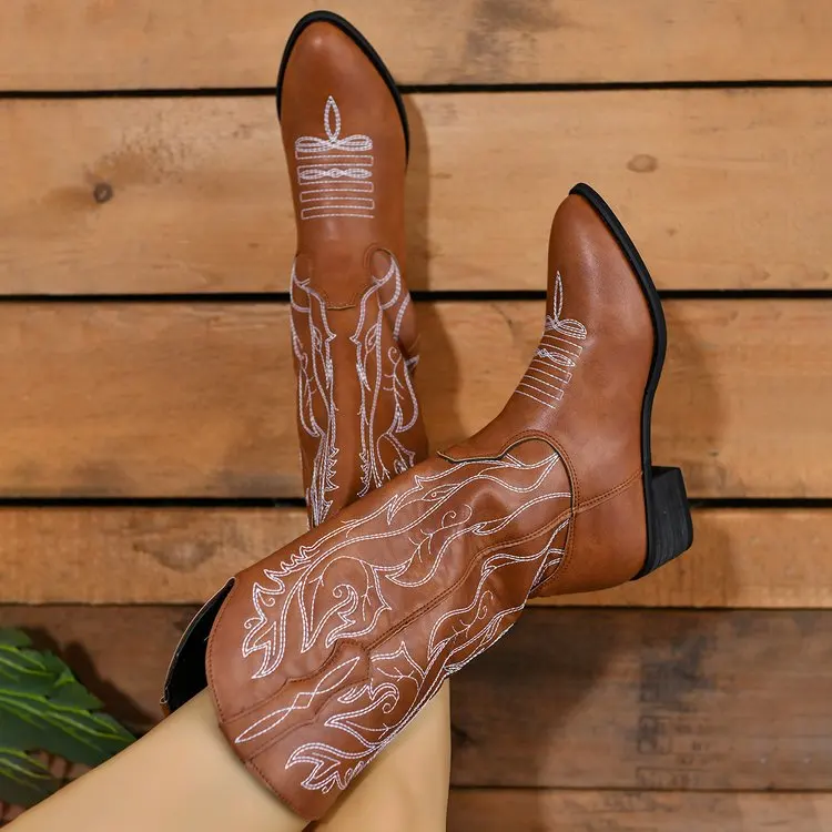 Versatile Western Denim Thick Heel V-Neck Embroidered Sleeve Cavalry Boots Retro Mid Barrel Horse Boots