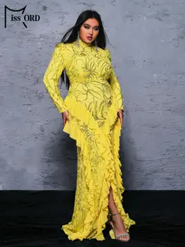 Missord Plus Size Yellow High Neck Long Sleeved Ruffled Wedding Birthday Party Evening Large Evening Dress