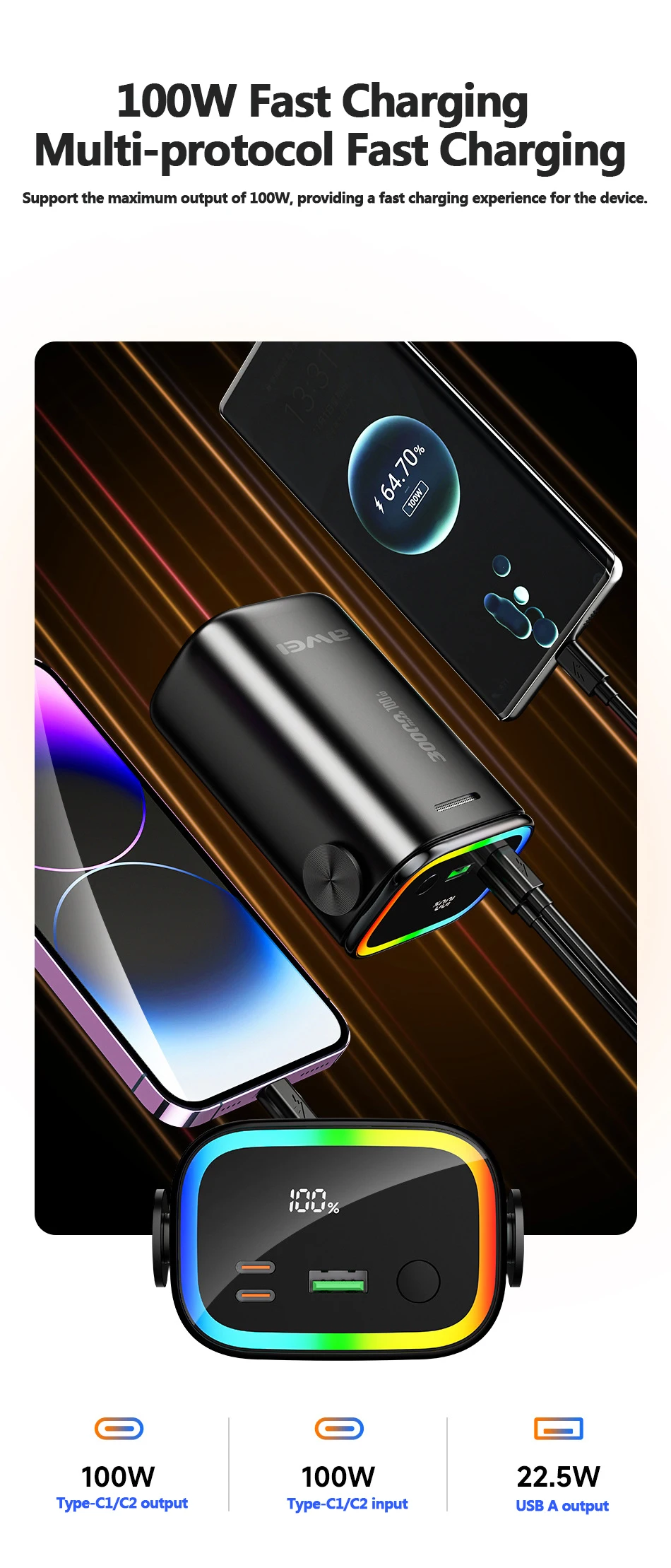 Awei P15K PD 100W Powerful Power Bank 30000mAh description image 3