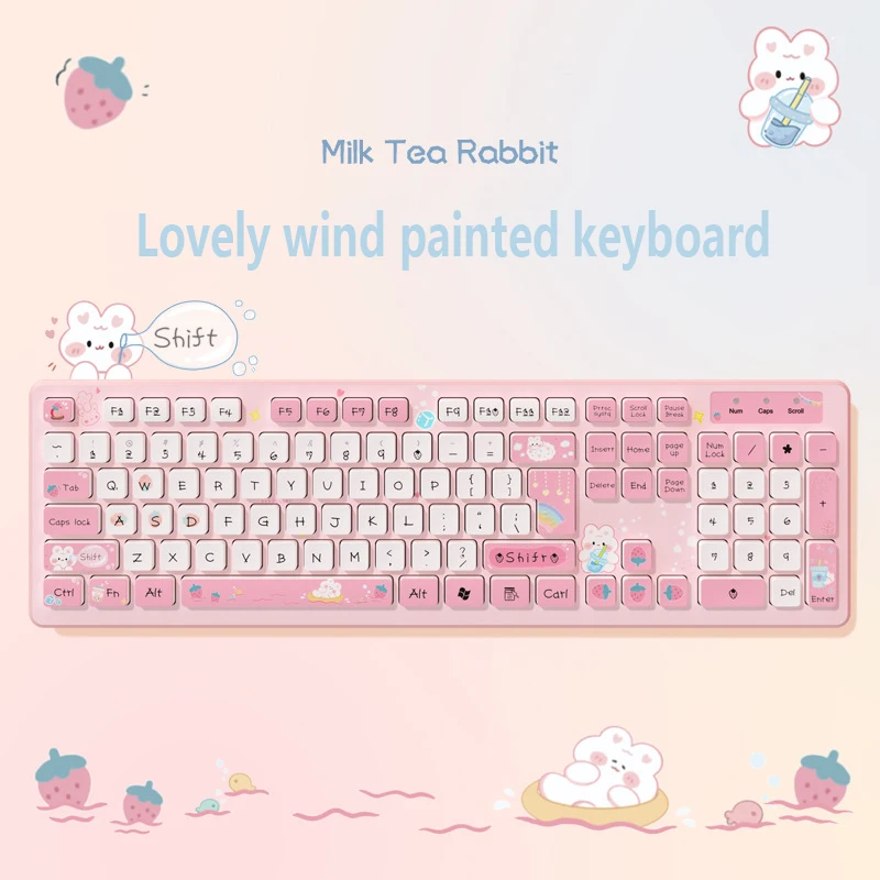 Teclado com Fio Kawaii para Meninas Chá com Leite Coelho Rosa Chocolate sem Fios Coloração Criativa