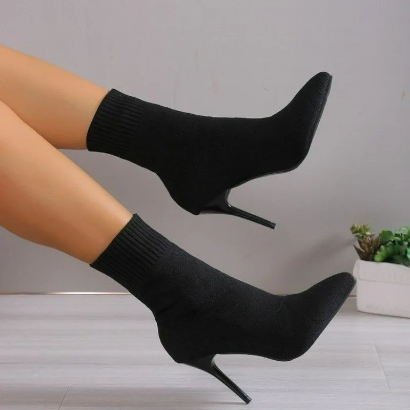 

Autumn New Women Shoes Fashion High Heels Ankle Boots Comfortable Slip-on Sexy Boots Shoes for Women Knitting Short Boots