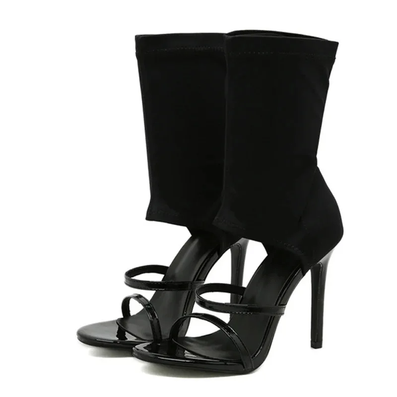 New Summer Fashion Design Open Toe Slip-On Elastic Boots Sandals Women Sexy White Cut-Out Thin High Heels Ankle Booties Shoes