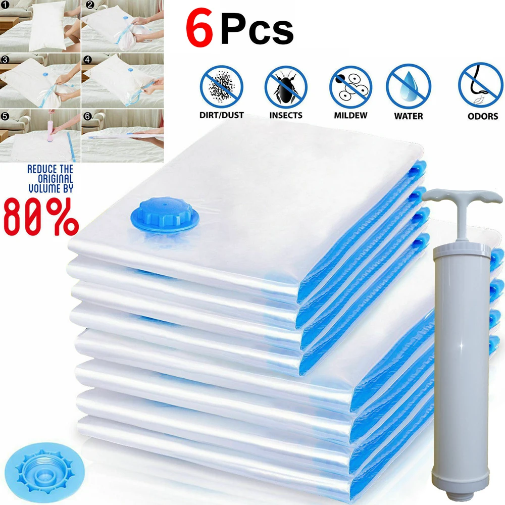

6Pcs Vacuum Storage Bags Space Saving Bags Hand for Comforters Clothes Pillow Bedding Blanket Storage Vacuum Seal Bag Thick PE