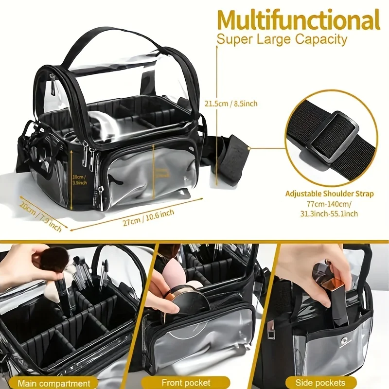 Professional Makeup Brush Holder - Large Clear Waterproof Cosmetic Organizer Bag with Adjustable Strap and Dividers for Easy Acc 3