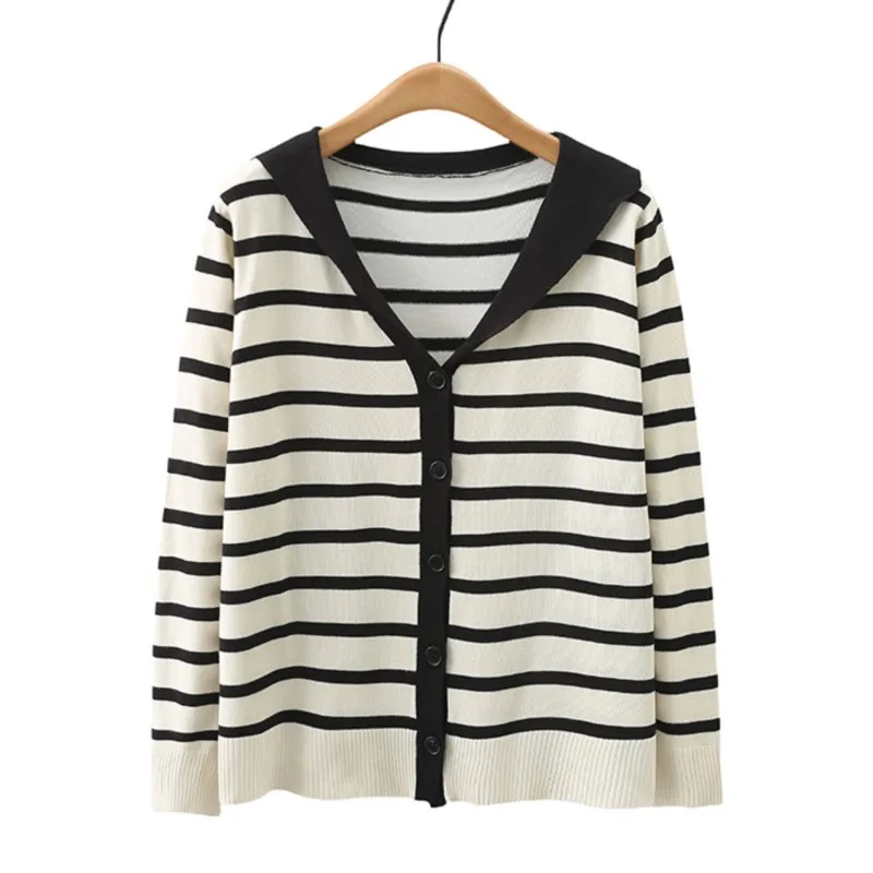 Stylish Sailor Collar Striped Cardigan Sweaters Womens Plus Size Autumn Winter Casual Clothing Mercerized Cotton Jumpers G1 6615