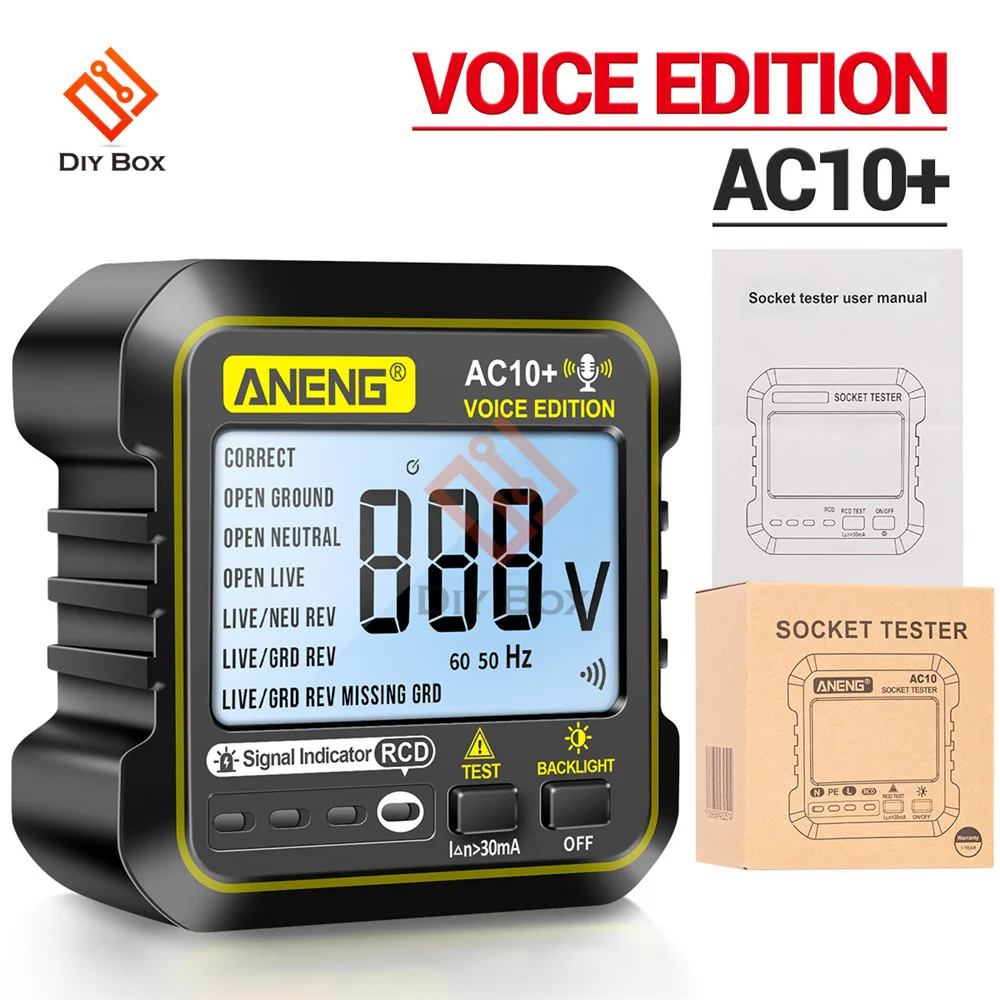 AC10+ EU Plug Socket Tester Plug Voltage Detector Voice Broadcast Zero Fire Line Polarity Phase Check Phase Detecter