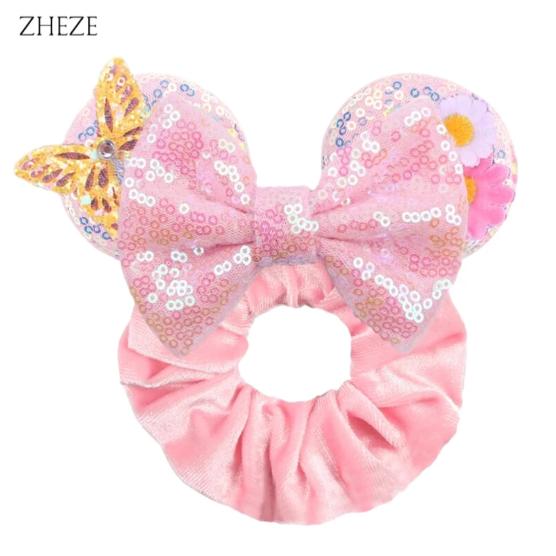 2024 New Castle Fireworks Mouse Ears Velvet Hair Scrunchies Girls Christmas Rope Ponytail Elastic Hairband Hair Accessories