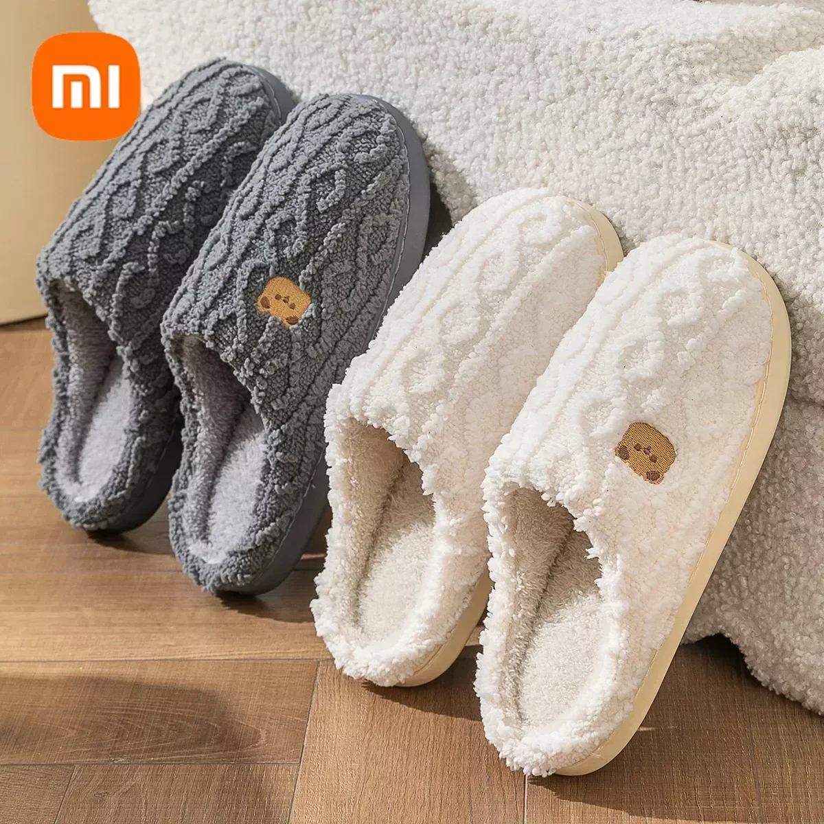 

Зимние женские плюшевые тапочки Xiaomi с милым медведем, теплые домашние тапочки из искусственного меха, мультяшная мягкая подкладка, пушистая удобная женская обувь на плоской нескользящей подошве