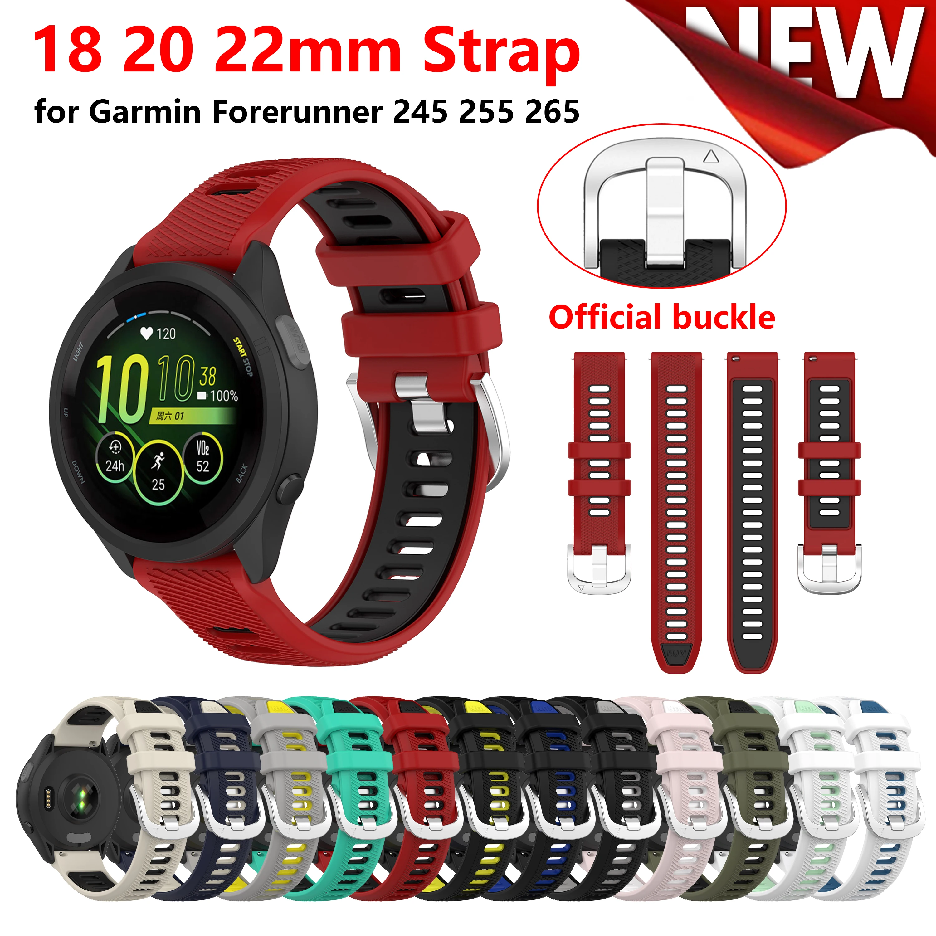 

18 20 22MM Original Silicone Strap for Garmin Forerunner 265/265s/245/745 Official Silicone Band for Garmin Venu/Vivoactive 4 3