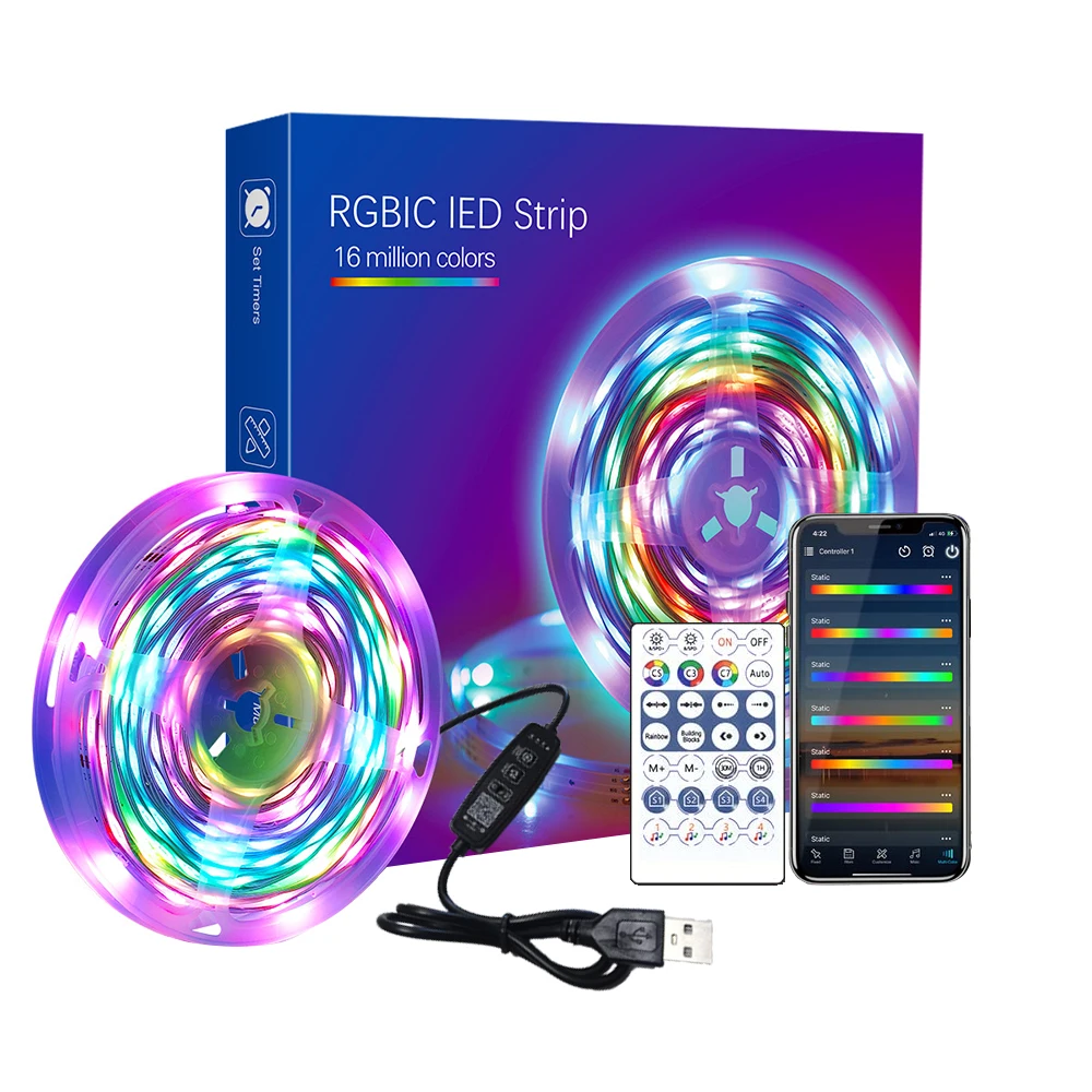 USB 5V 1M-30M RGBIC WS2812B LED Ʈ  ü̽ ȿ 帲 ÷    ÷ Ʈ, TV Ʈ 