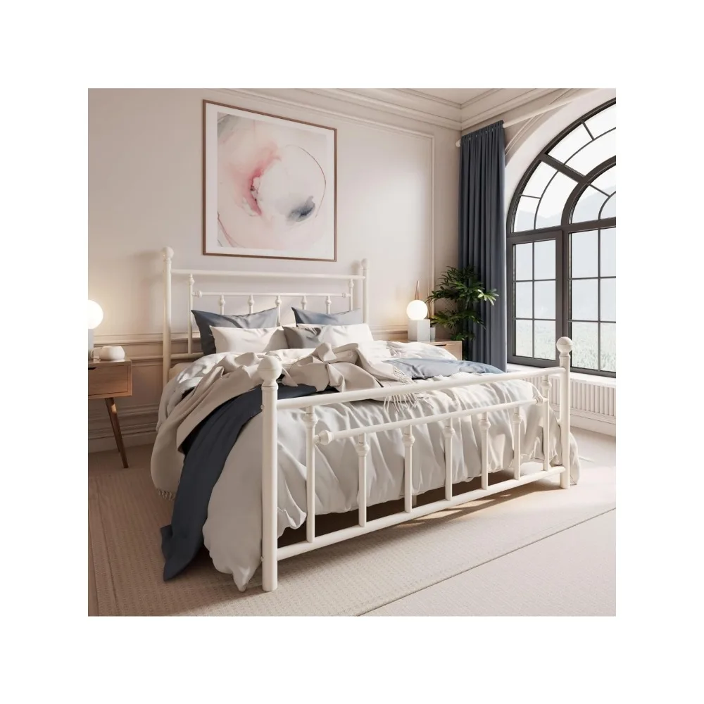 14'' Queen Size Metal Platform Bed Frame/Victorian Headboard and Footboard/Steel Slats Mattress Foundation for 2