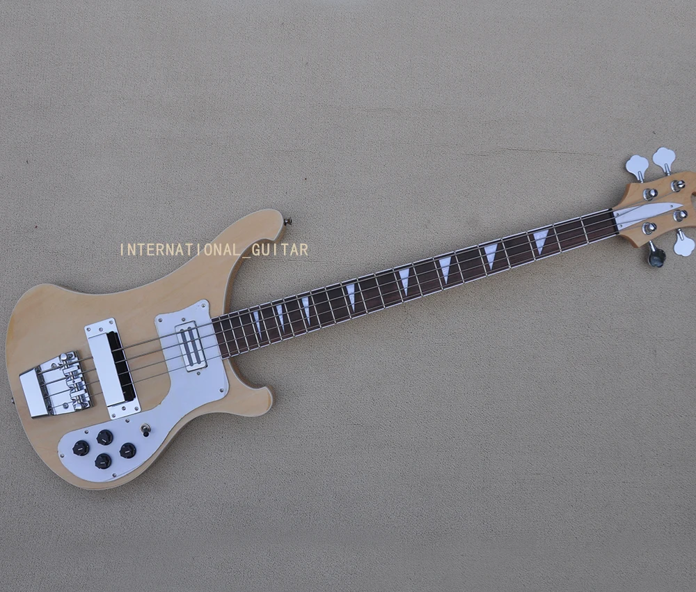 4 Strings Natural Wood Color Electric Bass Guitar with White Pickguard,Rosewood Fretboard