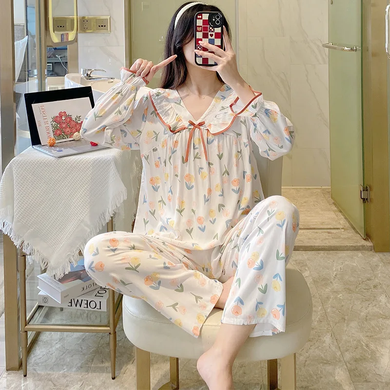 2024 Summer Fashion Trousers Sets Cartoon Turn-down Collar Full Sleeve L-XXL Women's Pajamas Sleepwear For Spring Home Clothes