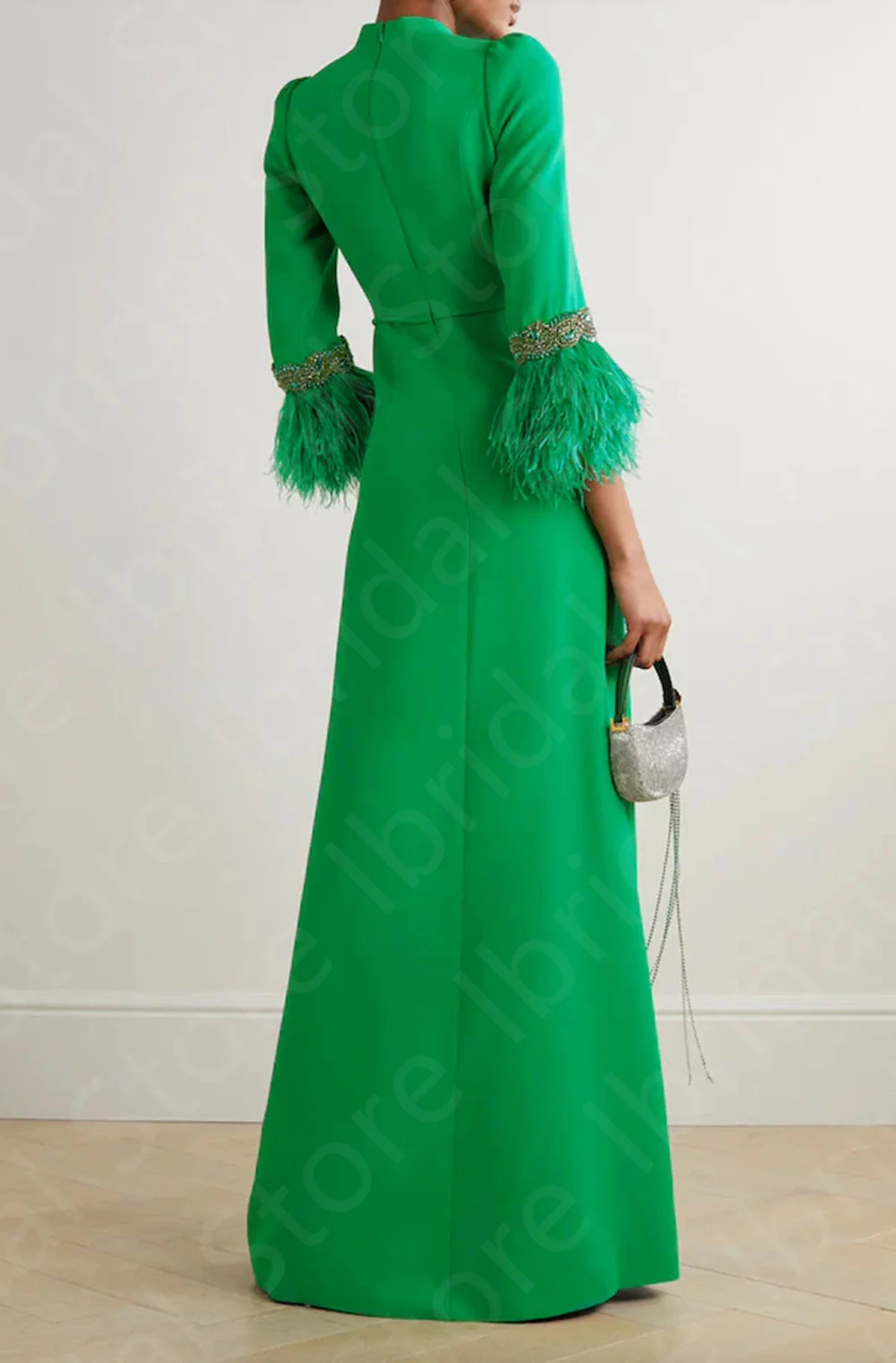 Customized Vintage Green Evening Dresses Arabic 2025 Prom Gowns Feathers 3/4 Sleeves Wedding Guest Dresses High Neck Beaded 2