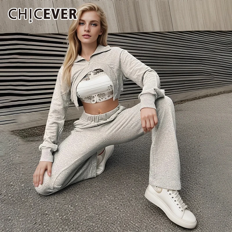 

CHICEVER однотонные комплекты из трех предметов для женщин топ с отложным воротником с длинным рукавом свободные брюки с высокой талией вязаный жилет шикарный комплект Женская мода