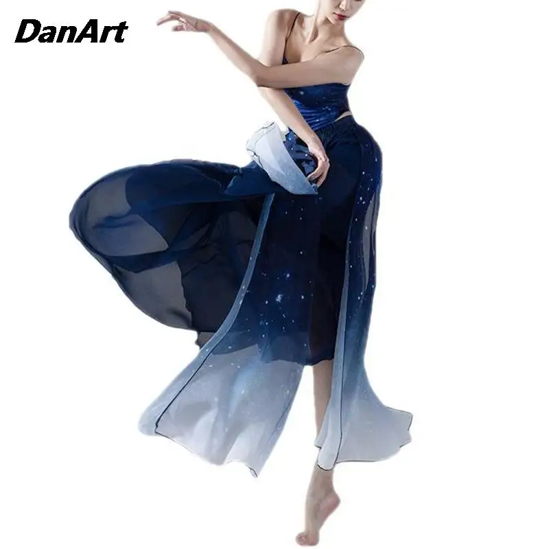 

Blue Gradual Starry Sky Top Ice Silk Printed suspenders Strap Tank Chiffon Dance Elegant Classical DanceLarge Dress