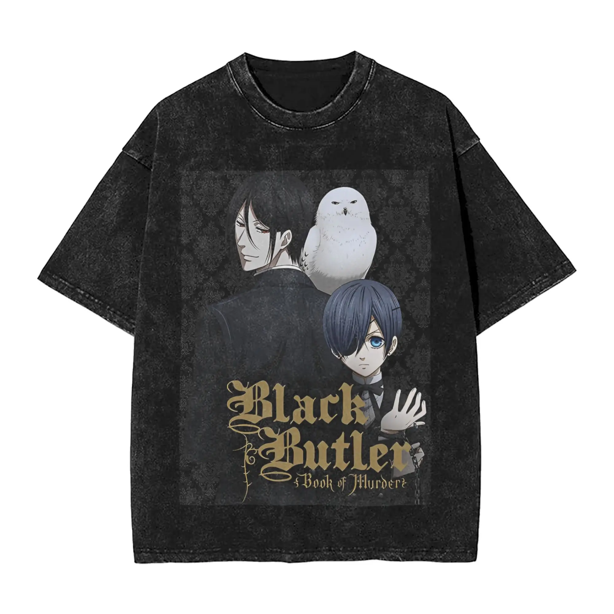 Vintage Washed Anime Black Butler Graphic Cotton T-Shirt - Unisex Summer Soft Short Sleeve Tee