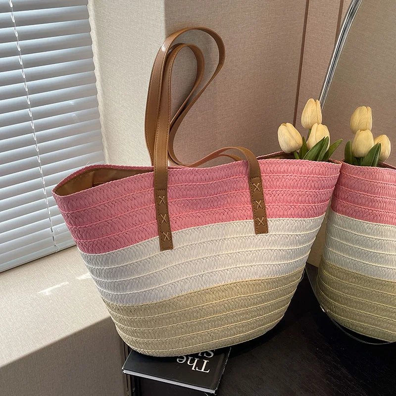2024 NEW Design Large Straw Tote Bag for Women Rattan Woven Beach Bag Summer Colored Stripe Shoulder Bags Handbag