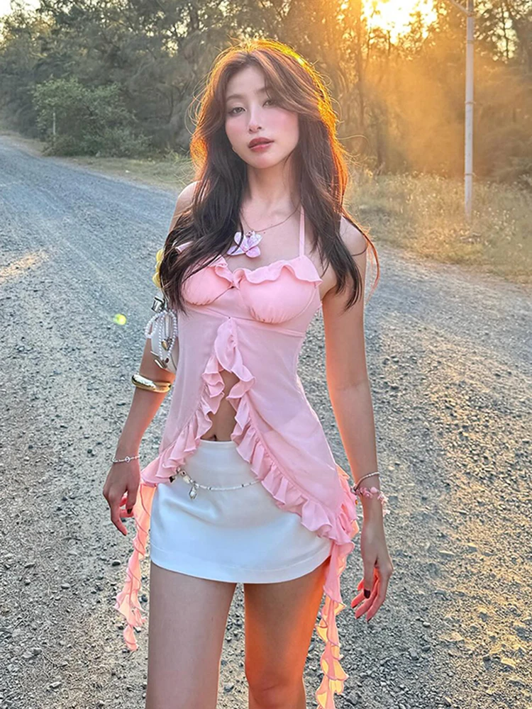 Nibber Patchwork Mesh See Through Camisole Women Halter Bandage Low-Neck Tassel Ruffles 3d Flowers Midnight Street Sexy Tops