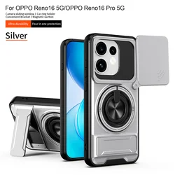 Armor Ring Stand Holder Phone Case with Lens Protection and Back Shell Cover for OPPO Reno16 Pro 5G (Silver)