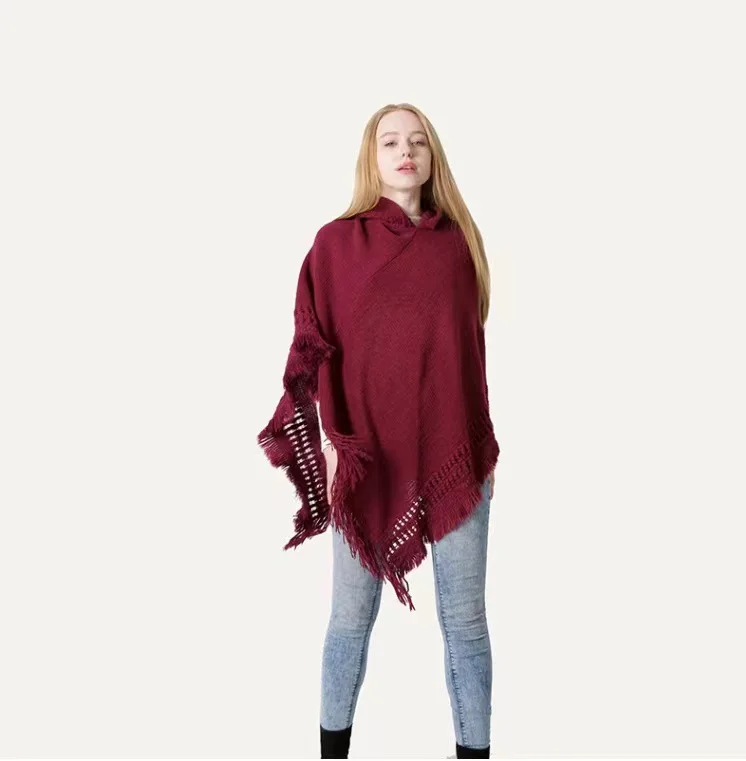 

Women Winter Knitted Hooded Poncho Cape Solid Color Crochet Fringed Tassel Shawl Wrap Oversized Pullover Cloak Sweater