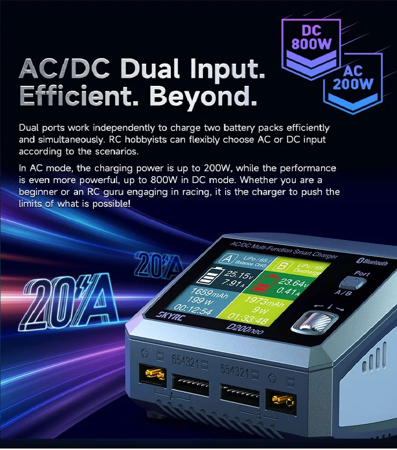 Vue arrière du chargeur RC intelligent 200W/800W avec ventilateur et prises d'alimentation.
