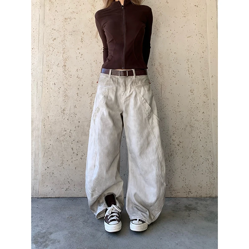 American Retro 2000s High Waist Full Length Jeans Pockets Hip-hop Baggy Cargo Pants Women Casual Y2K Grunge Street Denim Trouser 3