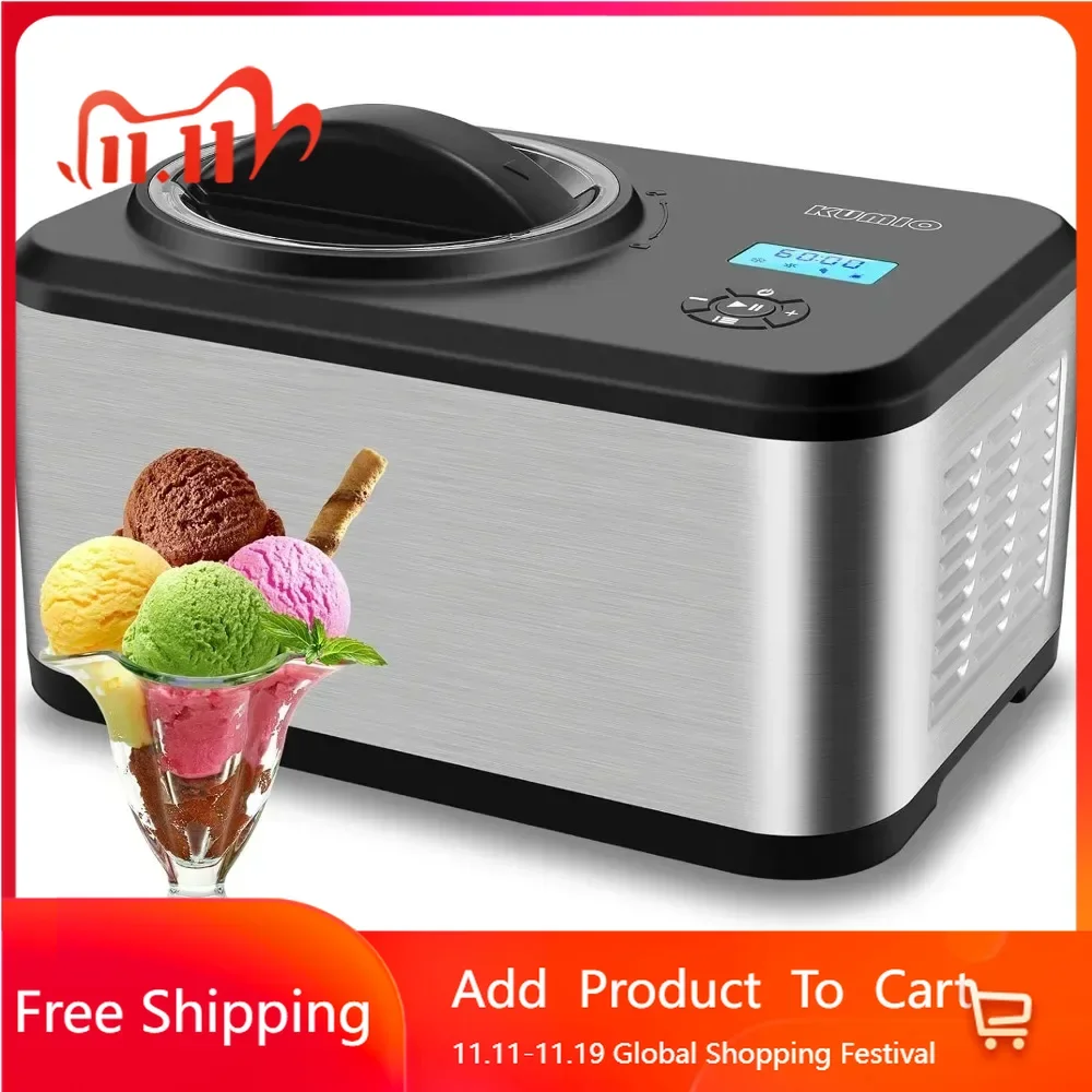 1.6-Quart Ice Cream Maker with Compressor, No Pre-Freezing, 4 Modes Machine with LCD Display, Timer, Automatic Yogurt Machine