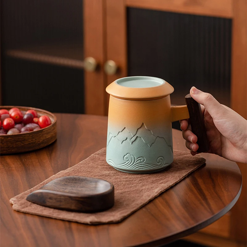 

LUWU Ceramic Tea Cup with Lid Pottery Coffee Tea Mug Tea Drinkware 400ml