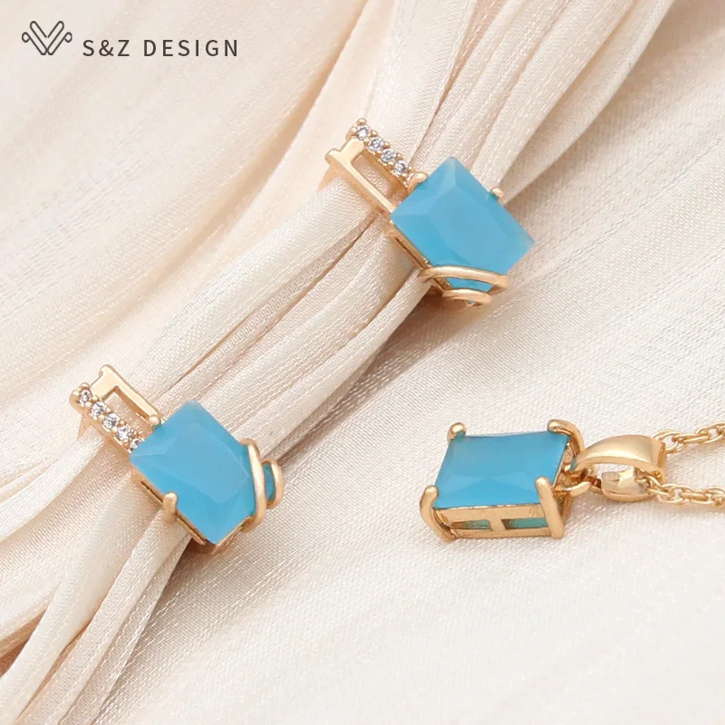 S&Z DESIGN New Champagne Gold Color Rectangle Crystal Dangle Earrings Jewelry Sets For Women Wedding Zirconia Pendant Necklace