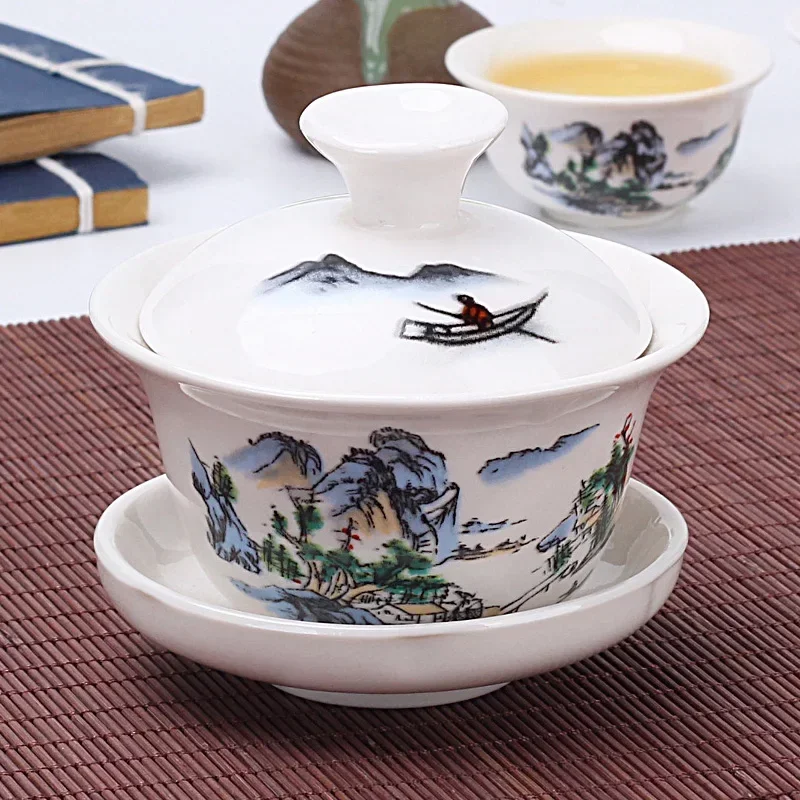 Chinese Traditional Gai Wan Tea Set Bone China Tea Sets Dehua Gaiwan Porcelain Pot Set For Travel Beautiful And Easy Kettle