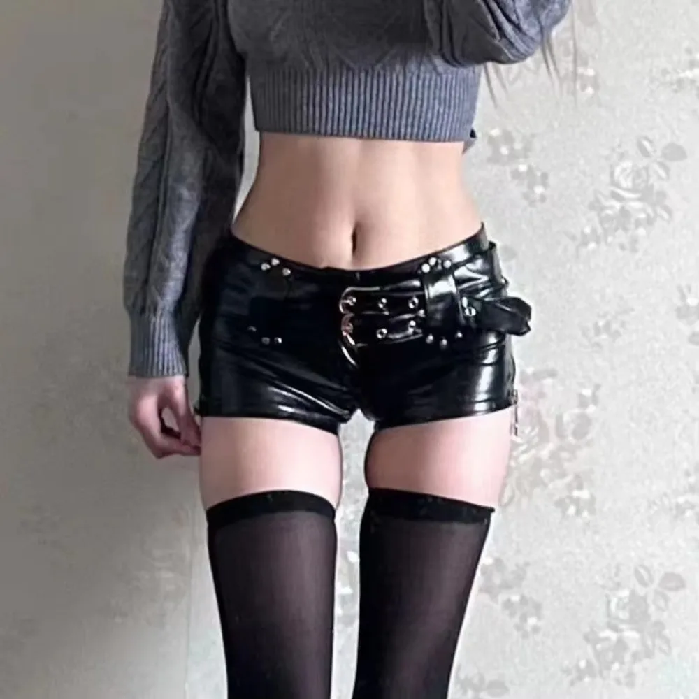 Versatile Pu Leather Belt Ultra Shorts Boots Spice Girl Y2k Low Waist Short Pants Sexy Vintage Dressing Shorts Women's