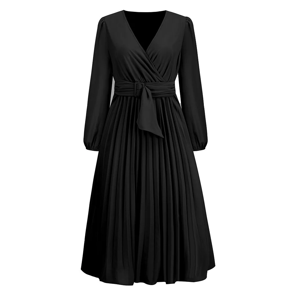 Women's Long Sleeved Slim Fit Pleated Belt V-neck Dress A-line Skirt