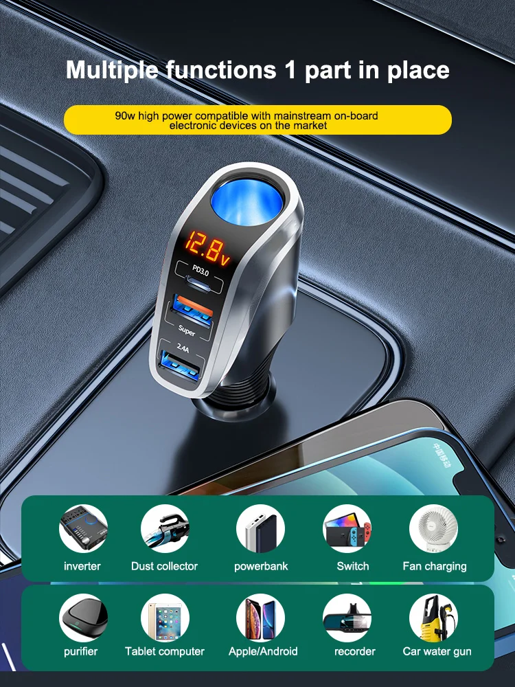 66W Car Charger Adapter Super Fast Charging Expansion Port Converter for iPhone Xiaomi Huawei Adapter Plug USB Interface Socket 2