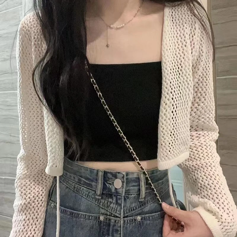 Women Sun Protection Cardigan Thin Summer Ice Silk Blouse Cropped Top Take Out Hollow Out Knitted Jacket Korean Fashion New