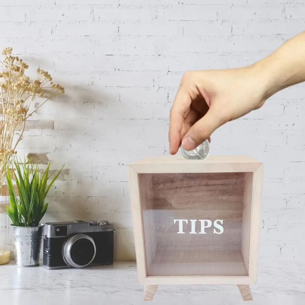 Piggy Bank Compact Large Capacity Nordic Style Transparent Wooden Kids Money Saving Bank Home Desktop Decoration Kids Gift