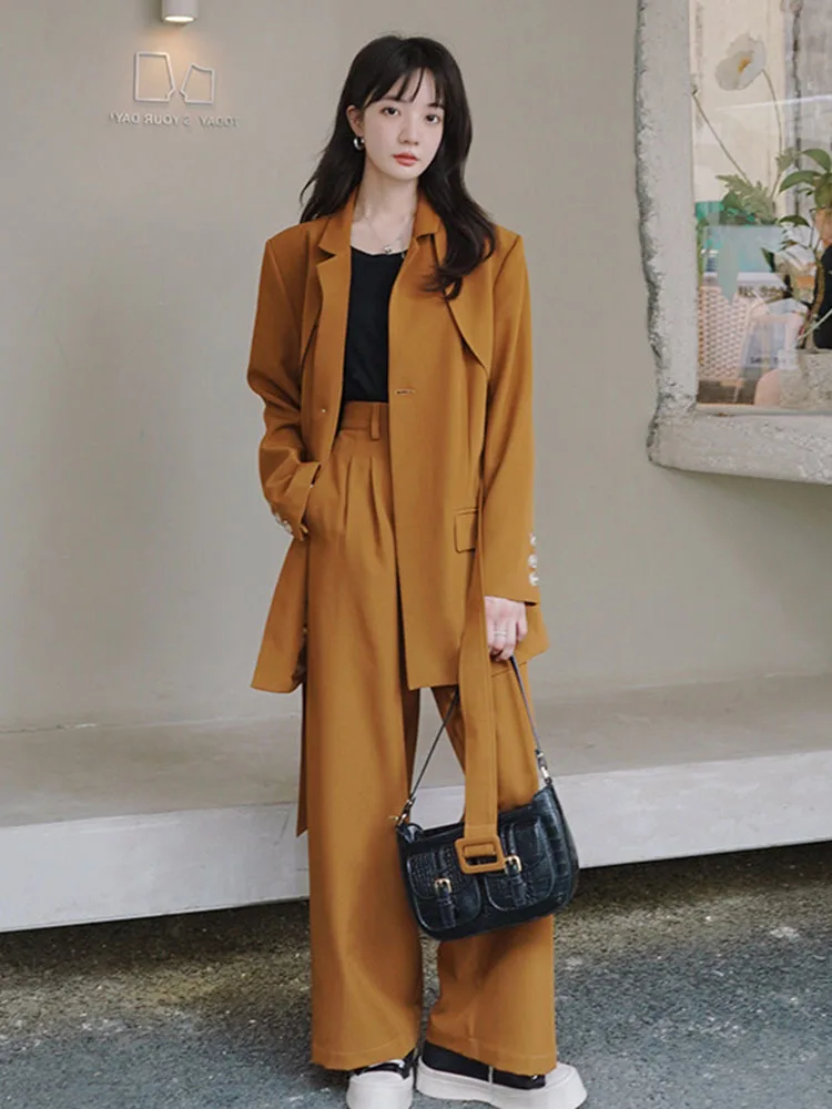 LANMREM Two Pieces Sets for Women 2022 Spring Female Solid Color Single Button Adjusted Waist Top Loose Wide Leg Pants Set2J1340 elegant pant suits Suits & Blazers