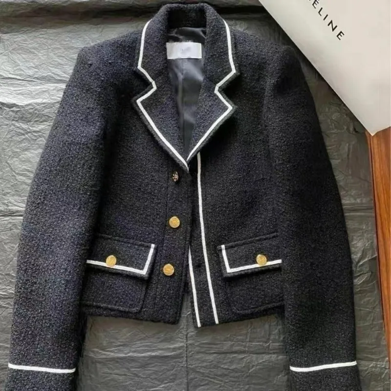 Tweed Blazer Spring Autumn Lattice Wool Jacket Women Coat Korean Chic Office Lady Short Jacket Nylon Knit Button Outerwear New