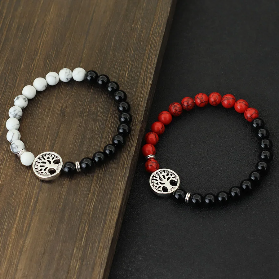 New Fashion Life Tree Bracelet For Men Bicolor Natural Tiger Eyes Obsidian Stone Braslet Lucky Red Howlite Charm Braclet Pulsera - Image 2