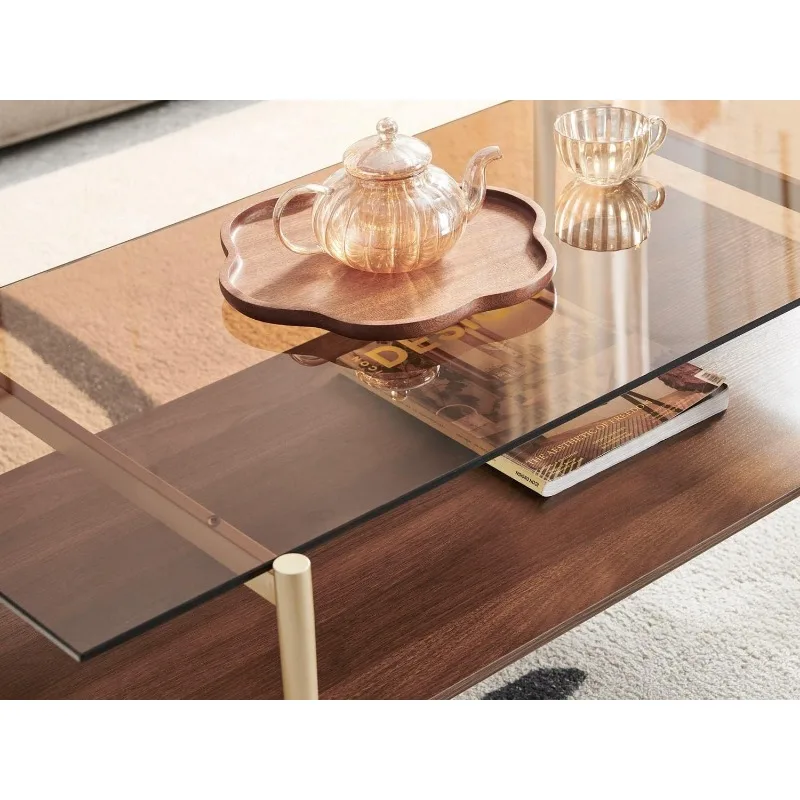 Tadio Double Layer Glass Coffee Table for Living Room,  MDF Bottom Shelf 4