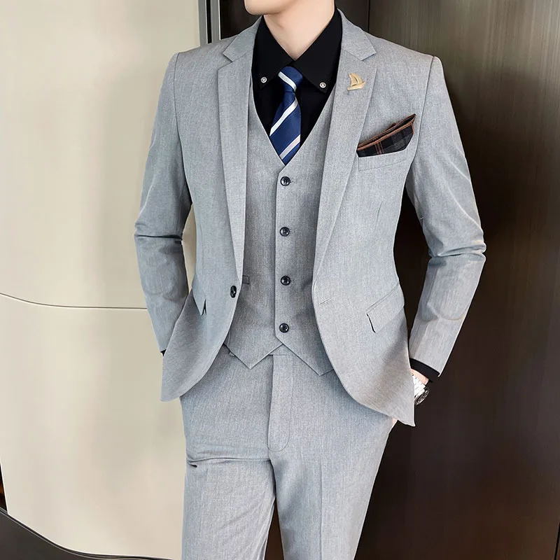 2023 Fashion New Men Boutique Solid Color Business Wedding Groom Suit Three Piece Set 3 Pcs Dress Blazers Jacket Coat Pants Vest 2