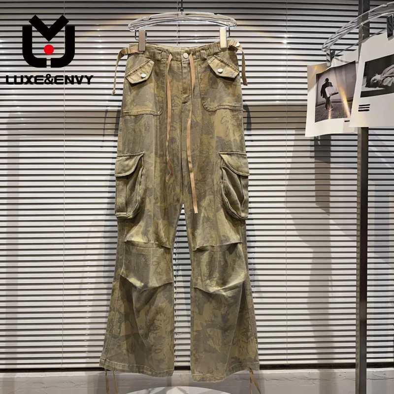 

LUXE&ENVY Street Women Straight-leg Pants High Waist Drawstring Patchwork Pockets 2023 Autumn New Trousers