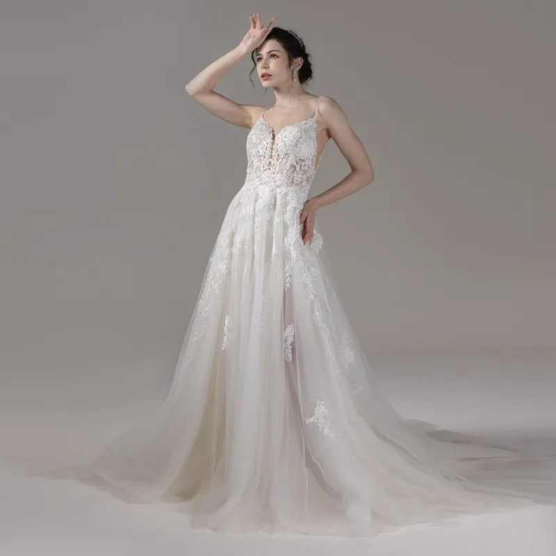 

Sweetheart Spaghetti Straps A-Line Wedding Dresses Front Split Sexy Back Sweep Train Bridal Dress